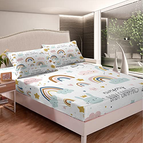 Homemissing Sonne Mond Sterne Spannbetttuch Süße Wolken Regenbogen Spannbettlaken 90x200cm für Kinder Schöne abstrakte Kunst Design Bettlaken Set Lächeln Wolken Herz Raumdekor 2St