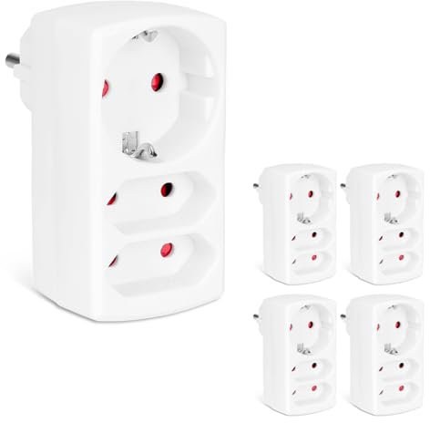 Aigostar Adaptador Enchufes Europeos con 3 Tomas.Ladron Enchufes con Protección Infantil,1 Schuko,2 Clavija EU,Blanco,Paquete de 5