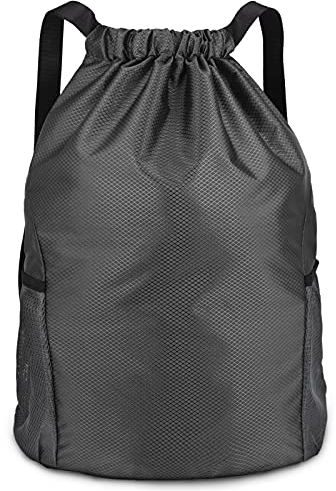 Dacitiery PE Bag Drawstring Gym Bag Black Sports Bag Drawstring With Outside Zipper Sack Bring Two Side Pockets, Large Backpack(Large Black)