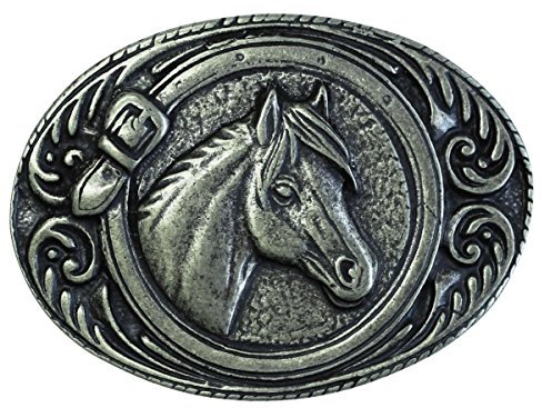 BELTINGER Gürtelschnalle Pferdekopf umrahmt 4,0 cm | Buckle Wechselschließe Gürtelschließe Reitaccessoires 40mm Massiv | für Reit-Outfit | Altsilber