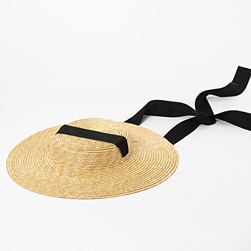 BAOZENGMUY Sonnenhut Strohhut Hut Strohhut Mit Breiter Krempe Für Frauen, Langes Band, Damen, Strandhüte, Mode, Sommer, Sonnenblende, 57 cm, Erwachsene, Schwarz