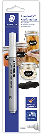 Staedtler Marcador de tiza Lumocolor, blanco, opaco en superficies lisas, borrado en húmedo, punta redonda, ancho de línea aprox. 2,4 mm, a base de agua, marcador de tiza en blíster, 344-0 BK