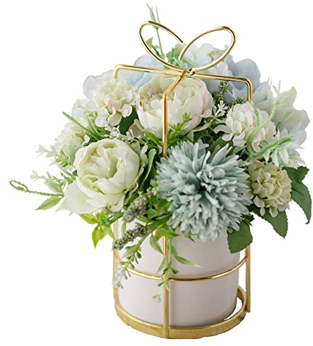 KIRIFLY Künstliche Blumen mit Vase,Unechte Blumen Deko Künstlich Pfingstrose Seide Hortensien Dekoration Blumenarrangements Hochzeit Blume Tischdekoration(Grün mit Vase)