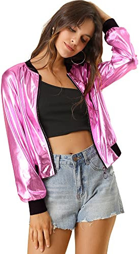 Allegra K Blouson aviateur métallique brillant holographique brillant pour femme, rose, L