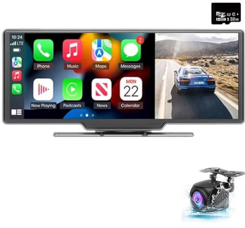 Wireless Apple Carplay Android Auto 10 Monitor Autoradio Bluetooth DVR Telecamera di backup per veicoli Registratore di guida con scheda 32G 2 Kit monitor per retromarcia schermo diviso, DC 9V-36V
