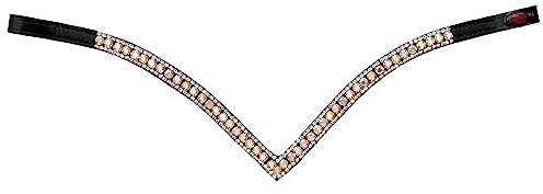Start Woden Stirnriemen Pferd Glitzer, Stirnband Leder Diamond Pferdestirnband Pferdeschmuck geschwungen für Trense, Stirnriemen für Pferde Größe Warmblut, Vollblut und Pony (Cob, Schwarz/Schimmernd)