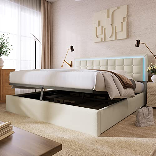 Merax Polsterbett mit LED 160x200cm, Hydraulisch Doppelbett mit Stauraum & Lattenrost, Bettgestell mit Gepolstertes Kopfteil, Funktionsbett für Erwachsene & Jugendliche, Bezug aus Kunstleder, Weiß