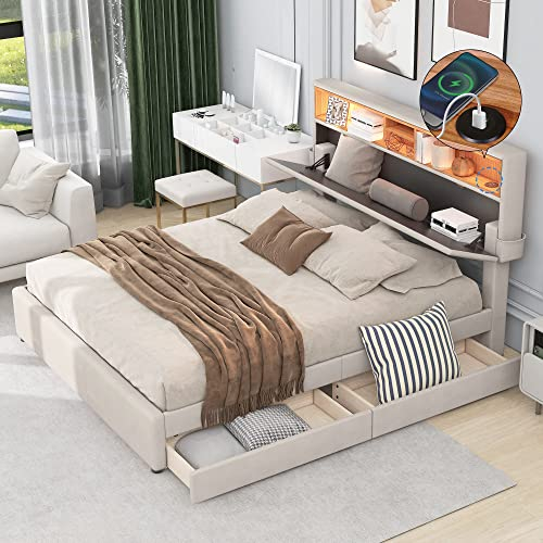 Merax Polsterbett 140x200cm mit Schubladen, LED-Beleuchtung, USB und Großer Stauraum Kopfteil, Doppelbett Bettgestell mit Lattenrost und Verstellbares Kopfteil, Leinenmaterial, ohne Matratze, Beige