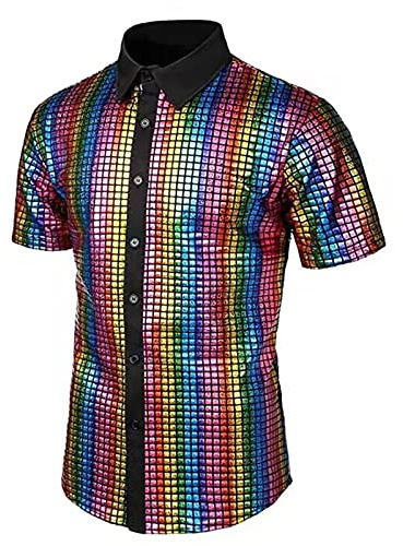 Caxndycing Herren Pailletten Hemd 70er Kurzarm Disco Party Kostüm 70er 80er Jahre Kostüm Motto Party Hippie Silvester Karneval Fasching Party Glänzend Bluse Party Hippy Kostüm