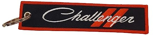 Detroit Shirt Company Dodge Challenger Logo bestickter Twill-Schlüsselanhänger 12,7 x 2,5 cm | Challenger-Logo vorne, klassisches Dodge Rhombus-Logo auf der Rückseite, Schwarz, 5 x 1