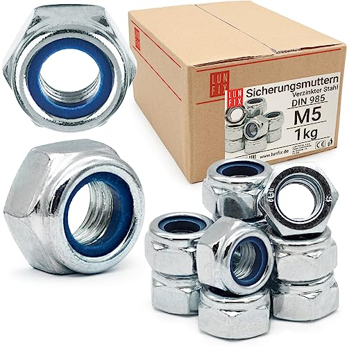 Lun Fix Tuercas hexagonales autoblocantes M5 DIN 985 | 1 kg | Resistencia 6, acero galvanizado, tuercas de seguridad con anillo de nailon, tuercas para pernos roscados, tuerca hexagonal para barras