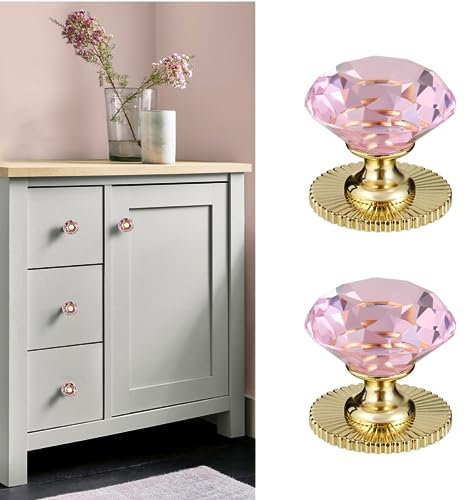 Elistonie Crystal Self Adhesive Knobs for Mirror Cabinet, Dresser Drawer, Cupboard - 40mm Diamond Shaped Glass Knobs (2pcs, Pink and Gold)