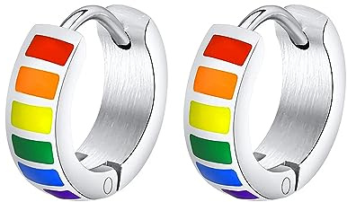 BlackAmazement 2er Set 316L Edelstahl Klapp Creolen Pride Regenbogen Rainbow silber schwarz mehrfarbig Herren Damen