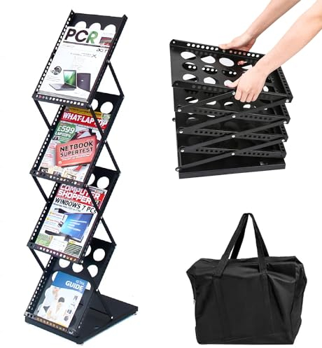 Kensbro Prospektständer Faltbar, Prospekthalter mit Nylon Transporttasche, Flyerständer für DIN A4 Prospekte, Prospekthalter als Wandhalter für Flyer und Kataloge, Zeitungsständer 4 Taschen