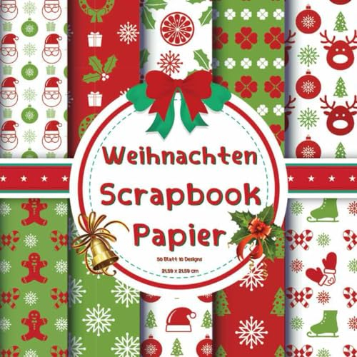 Weihnachten Scrapbook Papier 50 Blatt 10 Designs 01: Premium-Farbinnenraum mit weißem Papier, klare, lebendige Farben, Papiergewicht: 60 Pfund, 90 Gramm pro Quadratmeter, 21,59 x 21,59 cm.