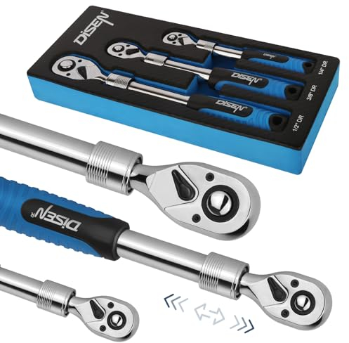DISEN Ausziehbares Ratschenschlüssel-Set, 1/4 Zoll, 3/8 Zoll, 1/2 Zoll, 72 Zähne, Schnellspanner, umkehrbarer Steckschlüssel, weicher Griff mit Ablageschale, 3-teiliges Set