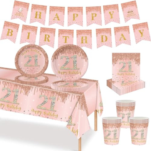 MORAINJAY 70P 21st Birthday Tableware Rose Gold, Birthday Table Decoration Set for 16 Guests