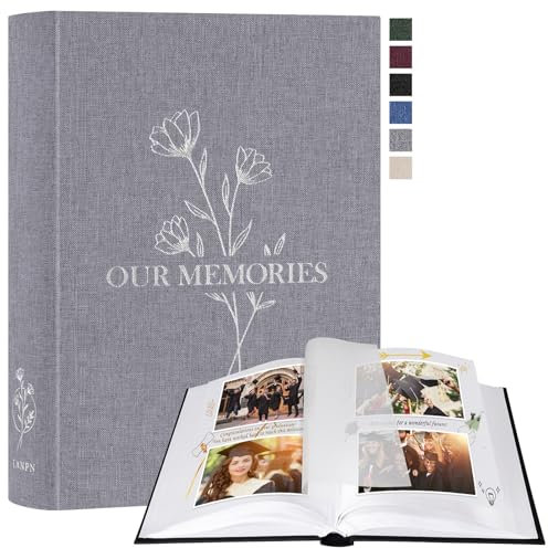 Lanpn Fotoalbum zum Selbstgestalten Einkleben, Kleines OUR MEMORIES Leinen Fotobuch 100 weißen Seiten mit Pergamin Trennblätter Fasst 9x13 10x15 13x18cm Fotos (19x27 cm, Grau)