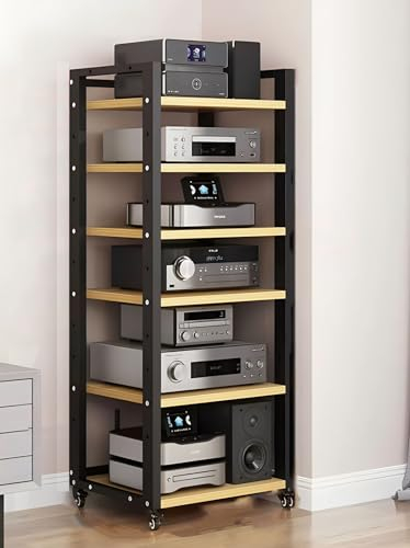 Hifi Stand Hi Fi Cabinets Media DVD CD Player Stand Audio Rack 4 5 6 7 Layers, Power Amplifier Equipment Cabinet With Height Adjustable Wooden Shelf, Floorstanding Storage Shelves 50x40x140cm(Black,6-