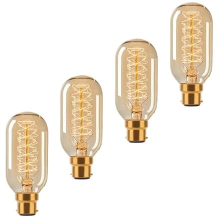 FanciBuy B22 Bayonet T45 Vintage Edison Light Bulbs 40W, Spiral Retro Filament Bayonet Tube Bulbs 40W, Dimmable Spiral Decorative T45 Tube Light Bulbs, 230V, 4 Pack