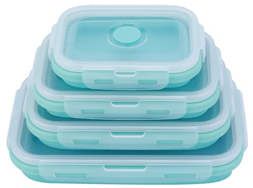 Konesky Faltbare Brotdose 4 Stück Faltbare Frischhalteboxen Silikon, Vorratsdosen mit Deckel, Tragbare Bento Box Flache Stapelbare Aufbewahrungsbehälter Set Lebensmittel,spülmaschinen,Brotdose Klein