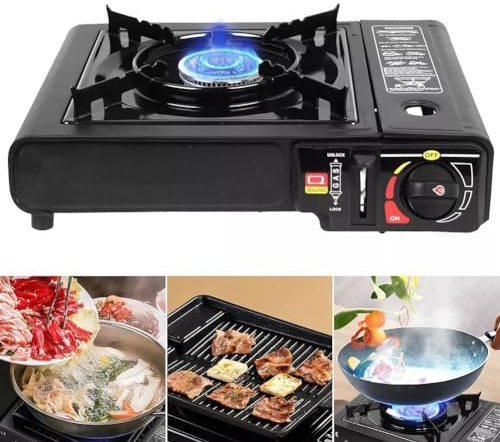 Portable Camping Gas Cooker Single Burner Stove Enamel Pan Holder BBQ Caravan Outdoor EN417 Compliant Premium Camping Stove with Automatic Ignition System & Heat Control (Gas Stove Only)