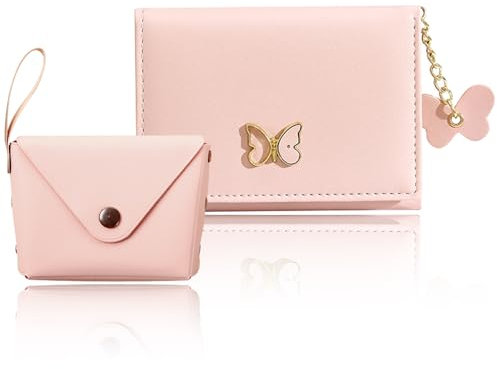 DKDDSSS 2 Pièces Porte Monnaie Femme en Cuir PU, Portefeuille Femme Cuir, Porte Monnaie Mini Porte Cartes, éclair Poche à Monnaie, Rose