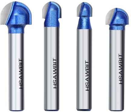 hsawbit 4-Piece Round Nose Core Box Router Bit Set 1/4-inch Shank, Cutting Dia. 1/4,5/16,3/8,1/2, Woodworking Milling Cutter Tool Set