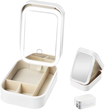 Travel Makeup Bag with LED Mirror,Cosmetic Organizer with Compartments,3 Colors Modes,Beauty Case Luggage Cosmetic Case Vanity Case Portable Makeup Vanity Box (White)