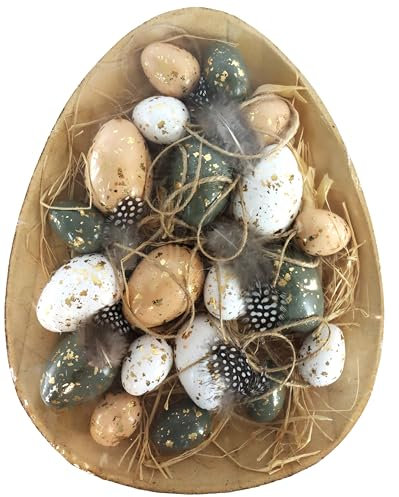 Eierschale aus Holz mit 19 Kunststoffeiern gefüllt - Ostereier naturfarben - Dekoschale Osterei Deko Frühling Ostern