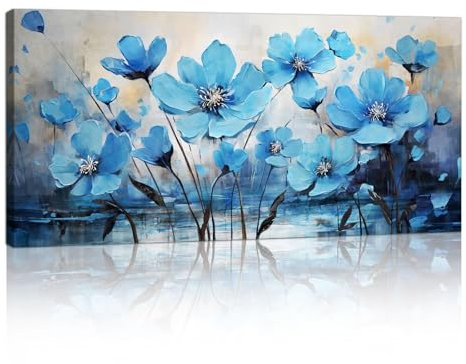 Grande Bleu Fleur Sauvage Cadre En Bois Tableau Decoration Murale, Abstrait Pivoine Coquelicot Floral Art Mural Impression Sur Toile Peintures Salon Chambre Bureau deco murale Prêt Suspendre 100x50cm