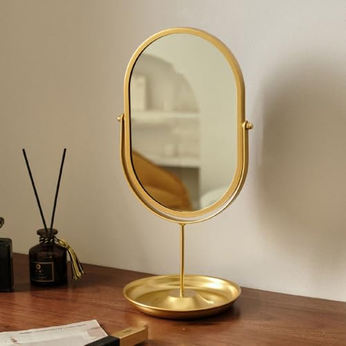 Hosoncovy Metal Frame Desktop Mirror with Stand Tabletop Makeup Mirror with Storage Tray Oval Free Standing for Bathroom Bedroom (Gold)