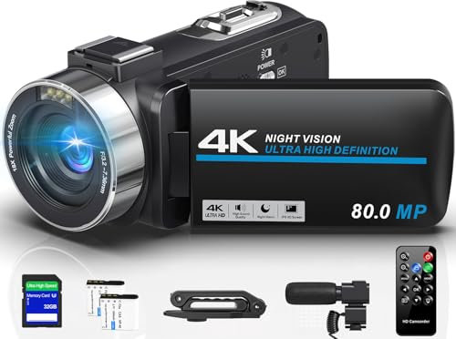 Videokamera 4K 80MP HD Camcorder für YouTube, 30FPS Webcam IR Nachtsicht Vlogging Kamera, 18X Digitalzoom 3,0 270°IPS Bildschirm Video Camera mit SD Karte, 2 Akkus, Fernbedienung, und Handstabilisator