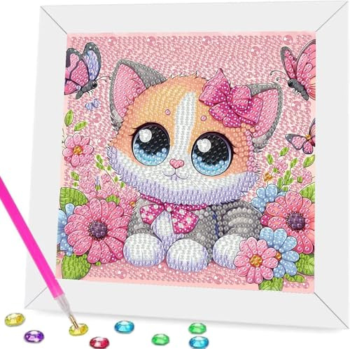 5D Diamond Painting Gato,Pinture diamant animal Kits,Diamond Painting Manualidades Regalo Niños Con marco de fotos,Diamond Para Decoración De Pared Del Hogar,egalos de Cumpleaños para Niñas 17x17cm