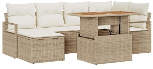 vidaXL Garten Essgruppe mit Kissen 7 pcs Beige und Creme, Verstellbare Füße Garten und Terrasse, modernes rechteckiges Essset, modulare Möbel für Balkon-Spaß