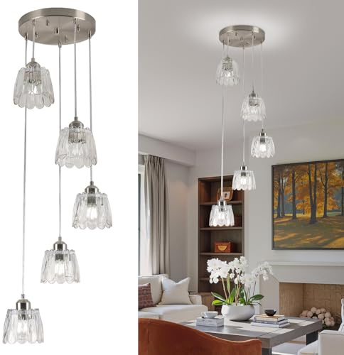 FRIXCHUR Moderner Vintage Hängelampe 5-armig | Mattschwarzes Metall mit Glas-Schirmen, ideal für Wendeltreppen, Wohnzimmer & Eingangshalle (ohne Leuchtmittel)* (325BN-P5-chrome)