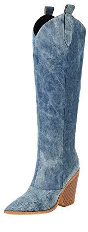 Stivali alti al ginocchio da donna in denim a punta stivaletti da cowboy pull on casual comodi eleganti grandi dimensioni tacco alto grosso stivali da cowgirl occidentali per donne all'aperto, Blu, 37