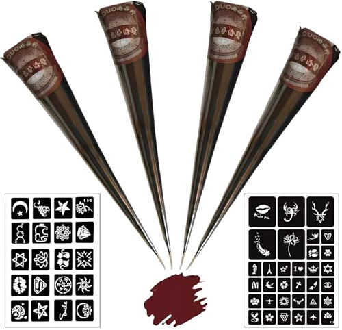 Henna Tattoo Set - 4x Braun Paste Mit 53 Schablonen, Henna Braun Sommersprossen, Für Temporäre Tattoos