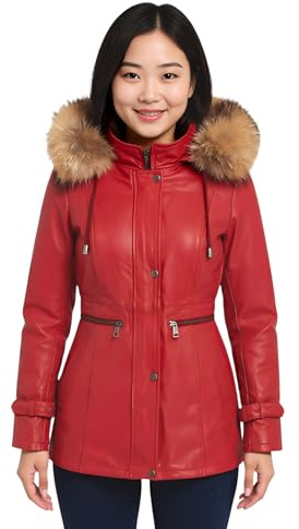 Women’s Real Leather Parka Jacket – Detachable Fur-Lined Hood Trench Coat