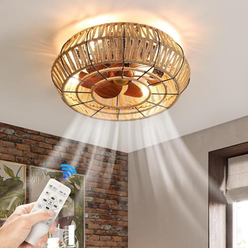 LIULIQ Enclosed Rattan Ceiling Fans, Industrial-style Rope Pendant Fan Light with Smart Remote Control, 6 Fan Speed Settings & Forward/Reverse Function for Bedroom, Living Room, Kitchen Lighting