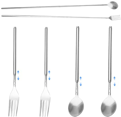 4 Stück Teleskopgabel Und Teleskoplöffel Set Edelstahl Einziehbar 60cm Lange Griff Für BBQ Toasten Abendessen Obst Dessert
