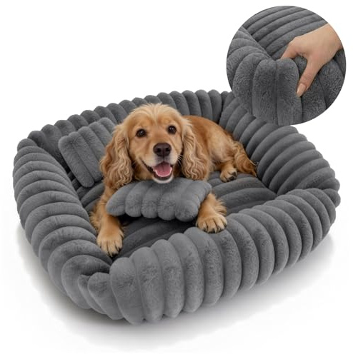 Domarex Dogguru Tola Hundebett 80X70 cm Groß - Weiches Hundesofa Mit Kissen, Rabbit Fur Plüsch, Anti-Rutsch Unterseite, Waschbares Hundekissen Für Mittelgroße Hunde & Große Katzen, Grau