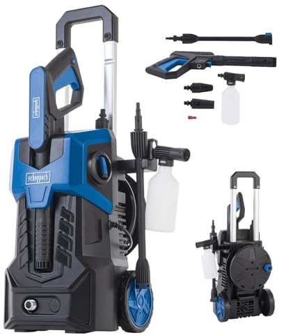 Scheppach Hochdruckreiniger SHD150 inkl. Zubehör | Quick-Connect-System & Ansaugfunktion | Maximaldruck 150bar | Leistung 1800W | Durchflussmenge 420 L/h | Schlauch/Kabellänge 5m | Ausziehbarer Griff