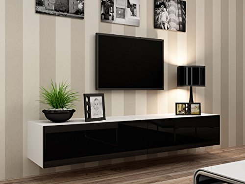 Furniture24 Tv Schrank Vigo 180 cm Länge, Hängeschrank, Wandschrank, Fernsehentisch mit 2 Klapptüren, Lowboard, Grifflose Öffnen, Push to Open (Weiß/Schwarz Hochglanz)