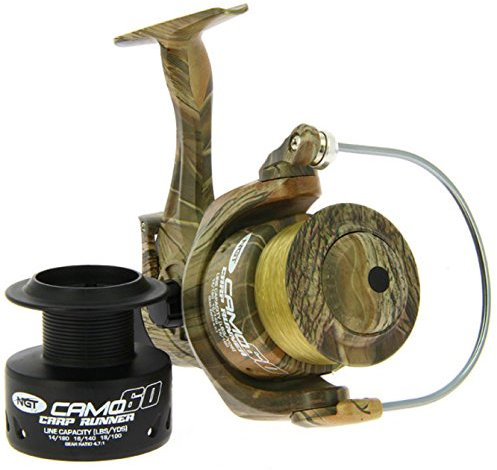 NGT Camo 60 3BB Karpfenl盲uferrolle mit 5,4 kg Schnur + spule + gepolsterter Rollenkoffer