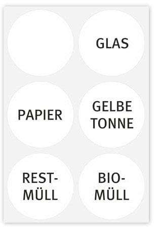 younikat 6 schlichte Mülleimer-Aufkleber zur Mülltrennung I Sticker-Set rund für Alt-Glas Papier gelbe Tonne Restmüll Biomüll und blanko Etikett I hin306