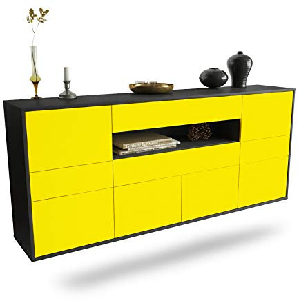 Dekati Sideboard Coral Springs hängend (180x77x35cm) Korpus anthrazit matt - Front Gelb - Push to Open - Leichtlaufschienen