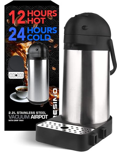 Cresimo Caraffa termica per caffè da 2,2 litri, con effetto a leva, thermos isolato in acciaio inox, ritenzione di calore per 12 ore, 24 ore (Airpot con vassoio antigoccia)