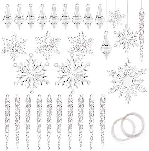 HOWAF 40 Stück Christbaumschmuck Eiszapfen Schneeflocken deko Acryl Eiszapfen deko Weihnachtenbaum Anhänger Weihnachtsbaumschmuck Weihnachtsdeko, Weihnachten Deko Winterdeko