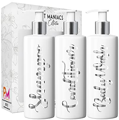 Print Maniacs 3 Set Mrs Hinch Inspired White Personalised Dispenser Pump Bottles Shampoo Conditioner Body Wash (Silver)